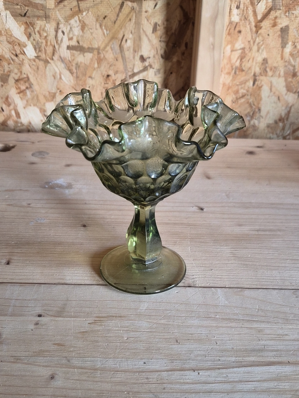 Vintage Fenton Greenish Ruffled Thumbprint Glass Bowl/Candy Dish Collectable